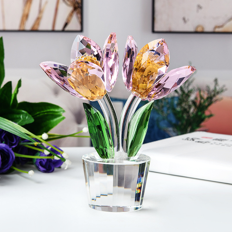 Paper Weight Crystal - Crystal Tulips Flower Figurine Glass Flower